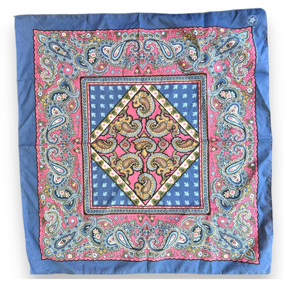 Vintage 30" Large Square PAISLEY BANDANA | Made in USA | Blue, Pink - Picture 6 of 6